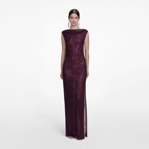 Self Portrait BURGUNDY RHINESTONE DRAPE MAXI DRESS